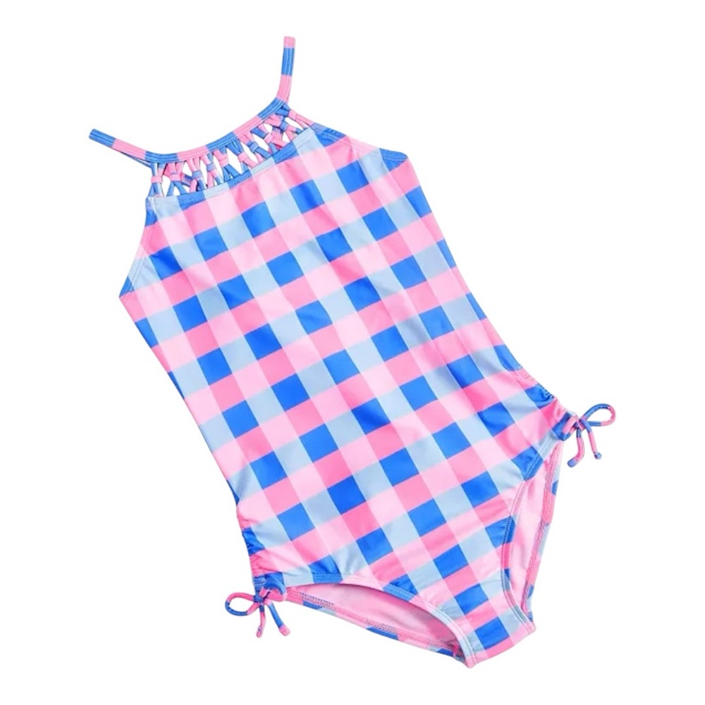 New Breaking Waves Big Girls One-Piece Gingham Swimsuit Size 10